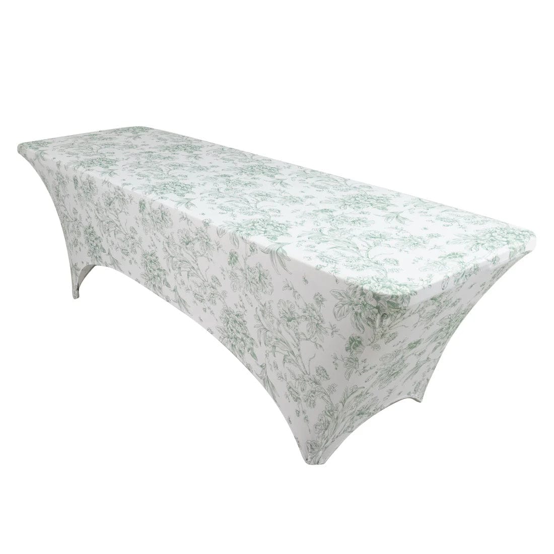 8 ft White Fitted Spandex Rectangular Tablecloth with French Toile Pattern