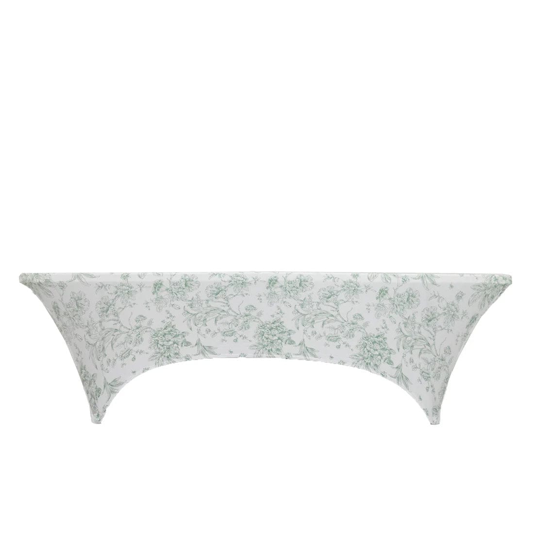 8 ft White Fitted Spandex Rectangular Tablecloth with French Toile Pattern
