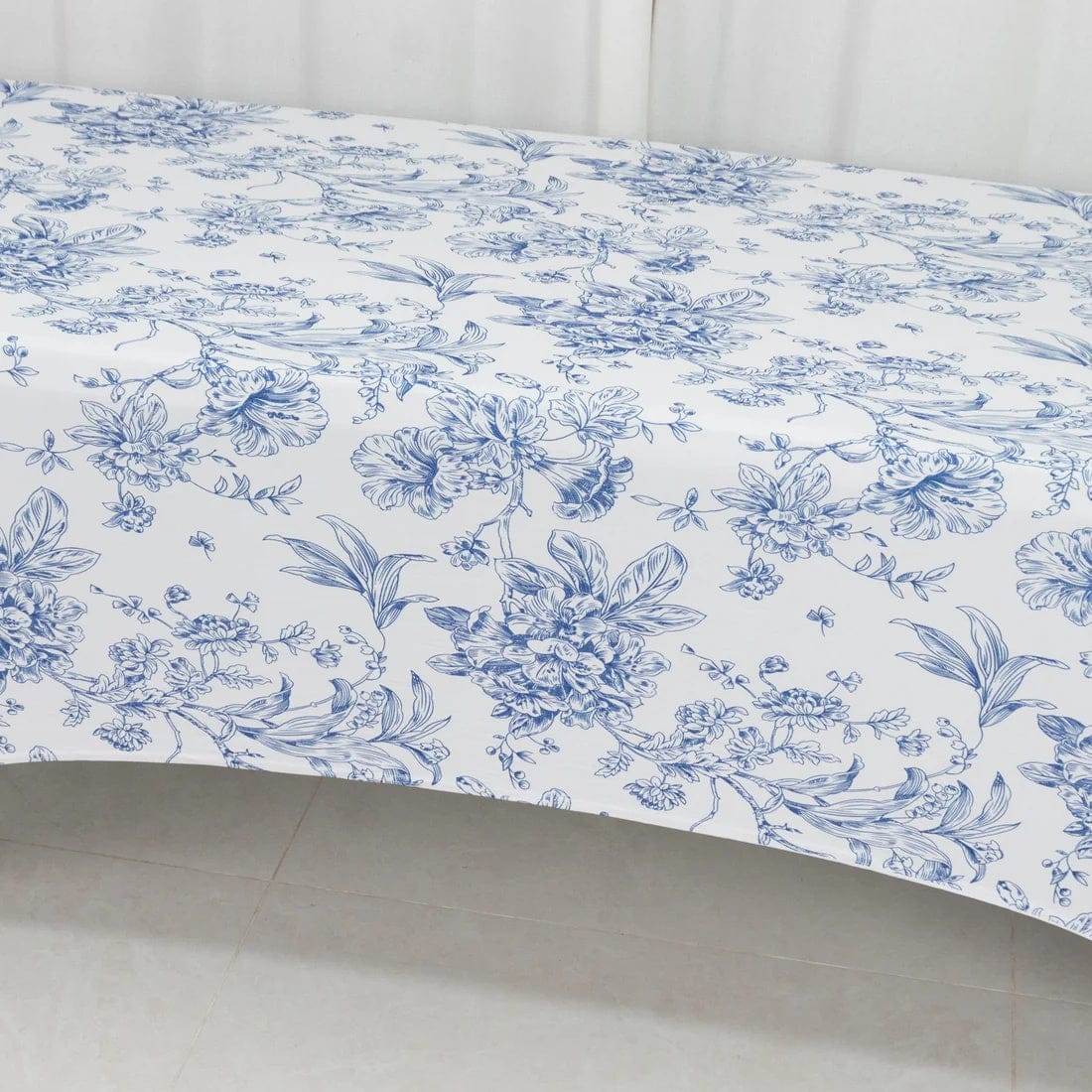 8 ft White Fitted Spandex Rectangular Tablecloth with French Toile Pattern