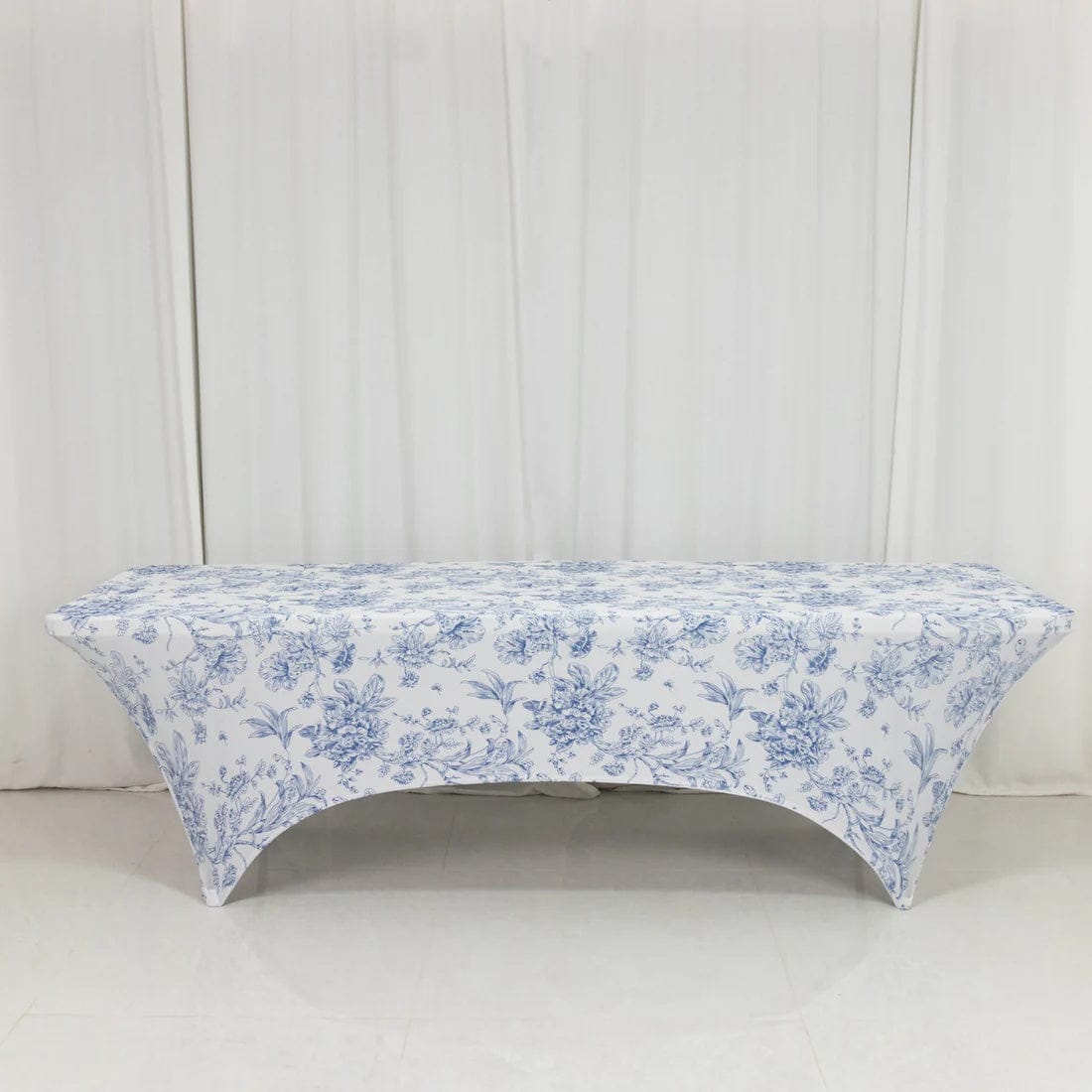 8 ft White Fitted Spandex Rectangular Tablecloth with French Toile Pattern