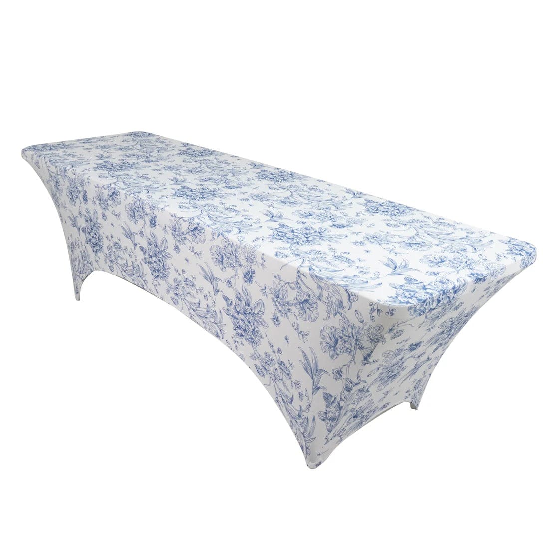 8 ft White Fitted Spandex Rectangular Tablecloth with French Toile Pattern
