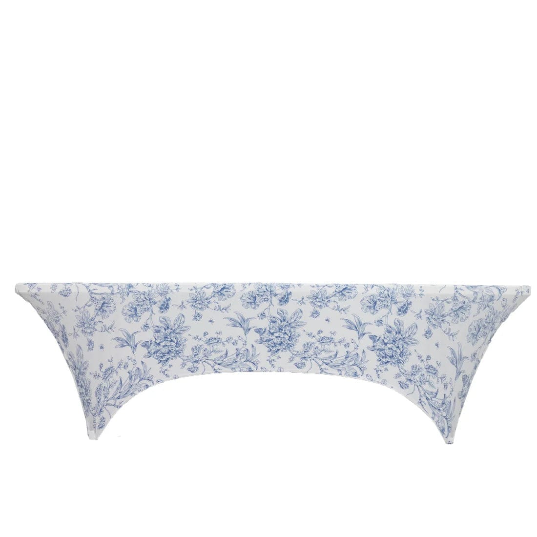 8 ft White Fitted Spandex Rectangular Tablecloth with French Toile Pattern