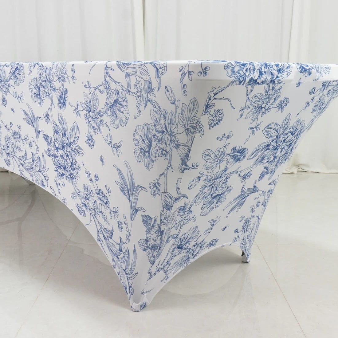 8 ft White Fitted Spandex Rectangular Tablecloth with French Toile Pattern