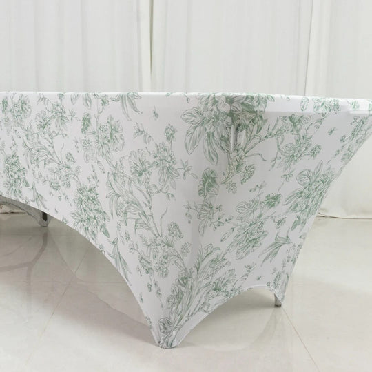 8 ft White Fitted Spandex Rectangular Tablecloth with French Toile Pattern