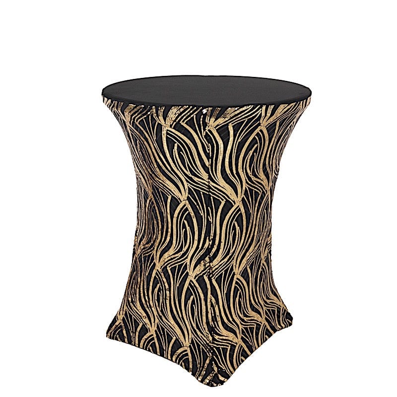 Black and Gold Cocktail Spandex Table Cover with Wave Embroidered Sequins