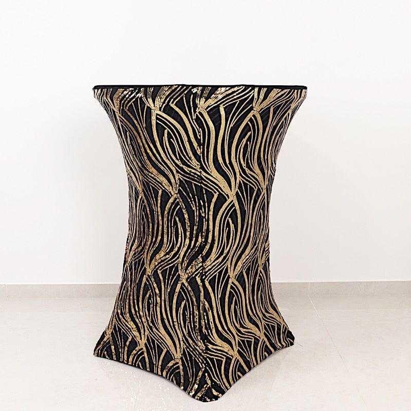 Black and Gold Cocktail Spandex Table Cover with Wave Embroidered Sequins