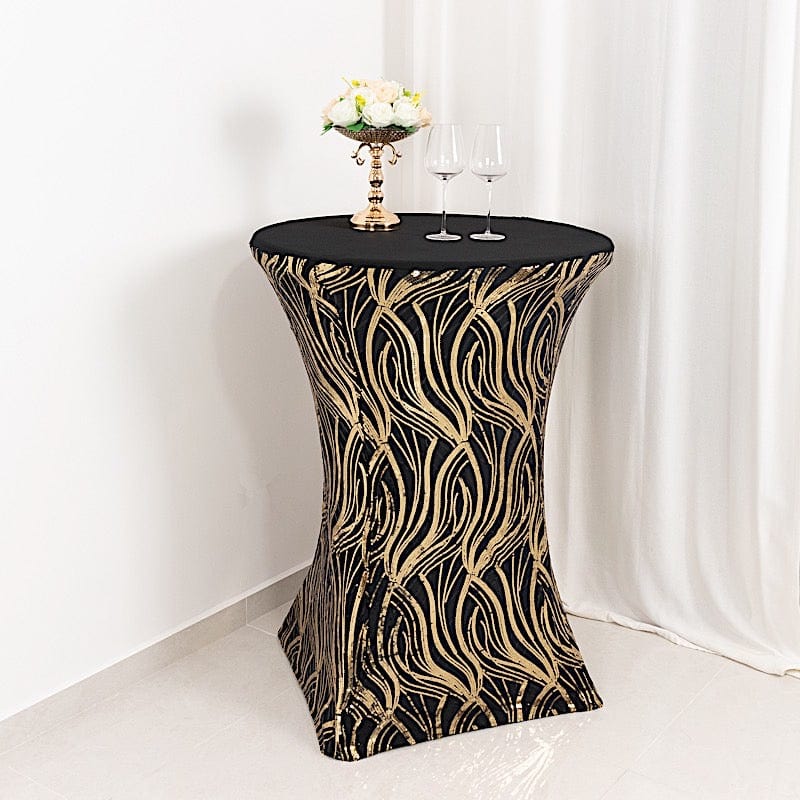 Black and Gold Cocktail Spandex Table Cover with Wave Embroidered Sequins