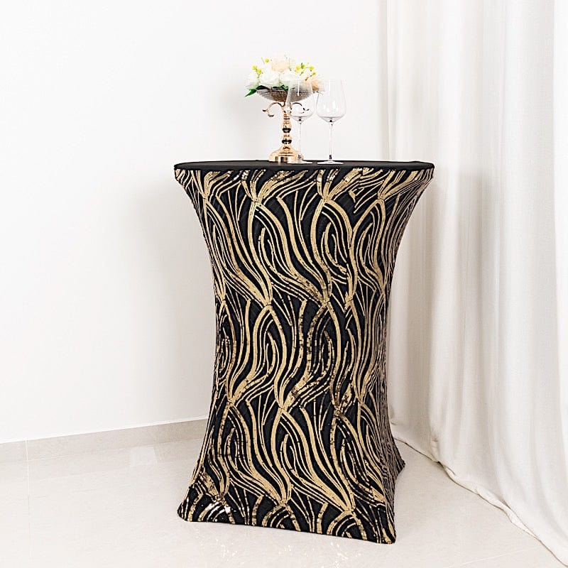 Black and Gold Cocktail Spandex Table Cover with Wave Embroidered Sequins