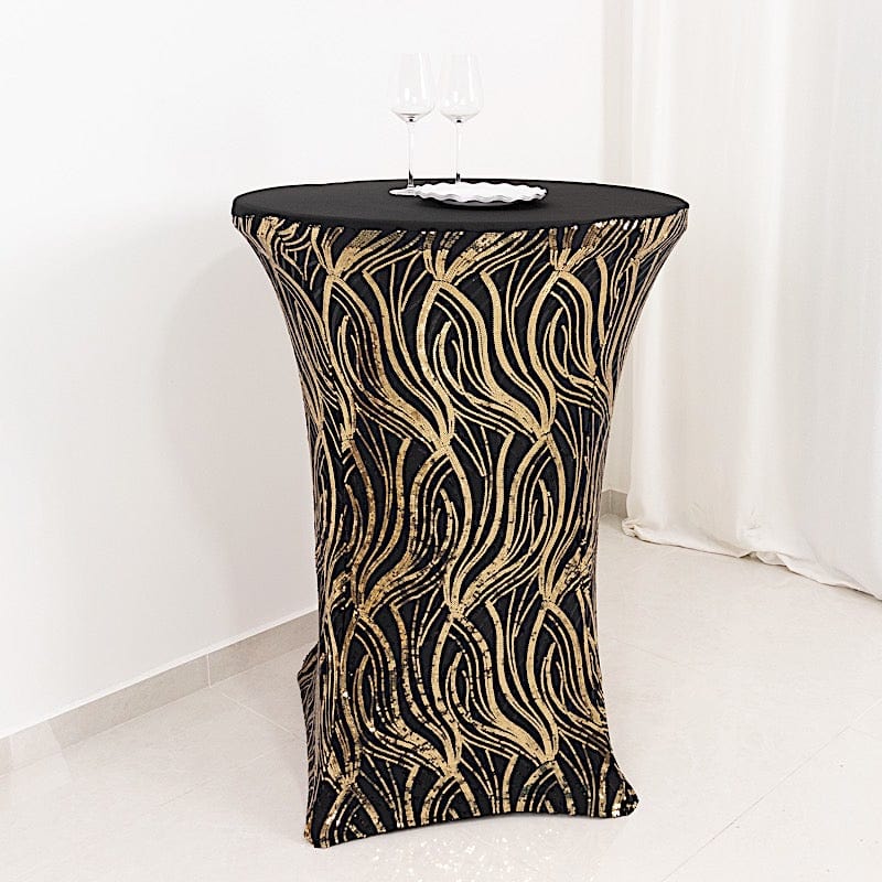 Black and Gold Cocktail Spandex Table Cover with Wave Embroidered Sequins