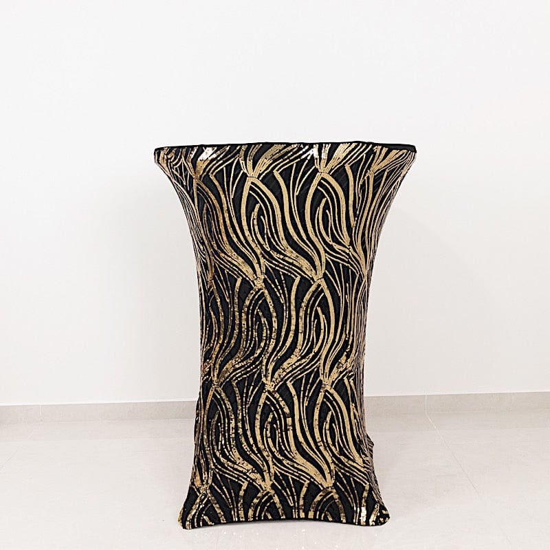 Black and Gold Cocktail Spandex Table Cover with Wave Embroidered Sequins