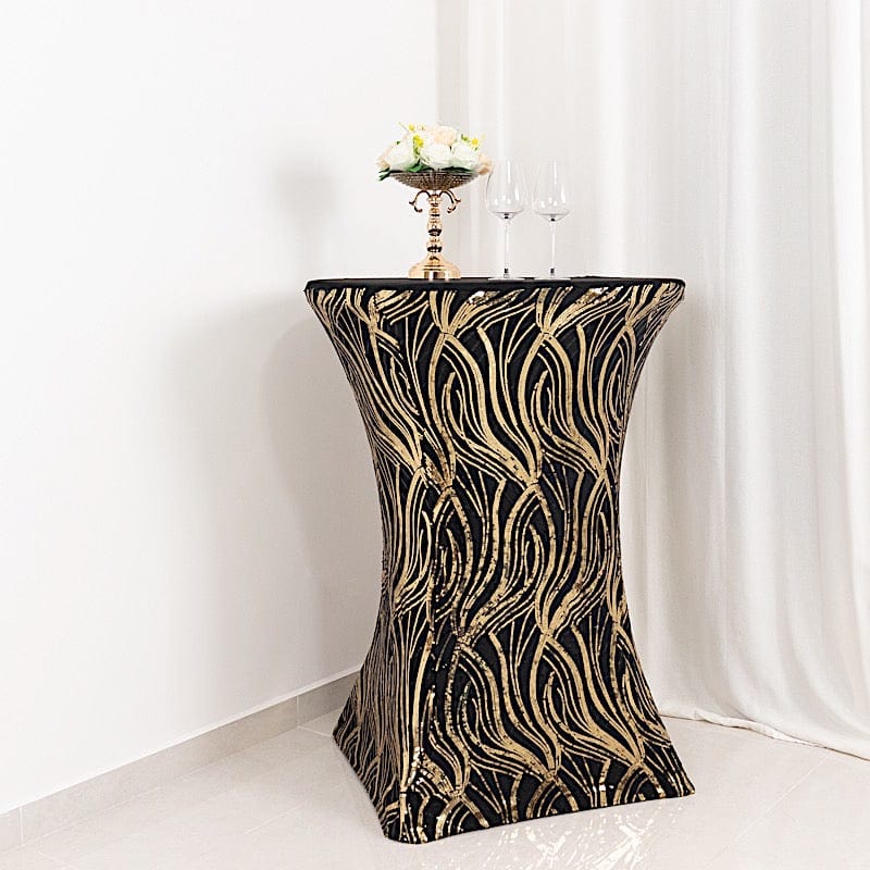 Black and Gold Cocktail Spandex Table Cover with Wave Embroidered Sequins