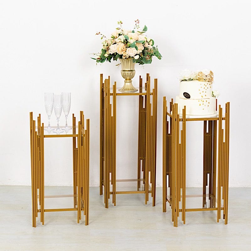 3 Gold Metal Plinths Flower Display Stands with Square Acrylic Plates