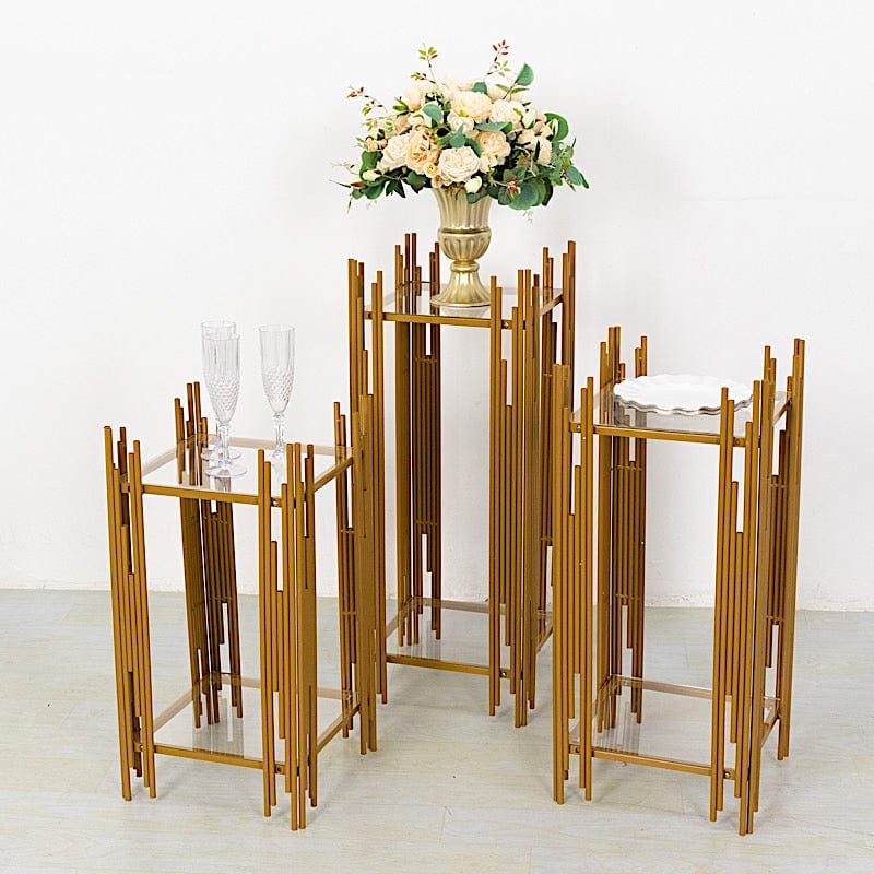 3 Gold Metal Plinths Flower Display Stands with Square Acrylic Plates