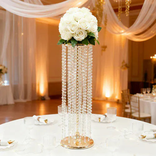 4 Gold 32 in Metal Flower Stand Vases with Hanging Crystal Beads