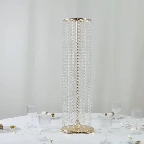 4 Gold 32 in Metal Flower Stand Vases with Hanging Crystal Beads