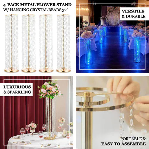 4 Gold 32 in Metal Flower Stand Vases with Hanging Crystal Beads