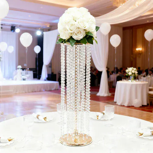 4 Gold 32 in Metal Flower Stand Vases with Hanging Crystal Beads