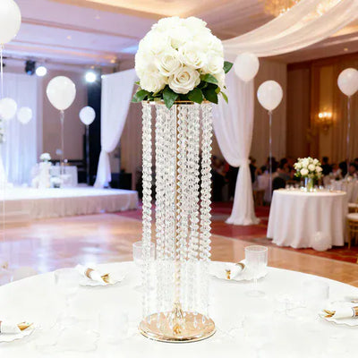 4 Gold 32 in Metal Flower Stand Vases with Hanging Crystal Beads