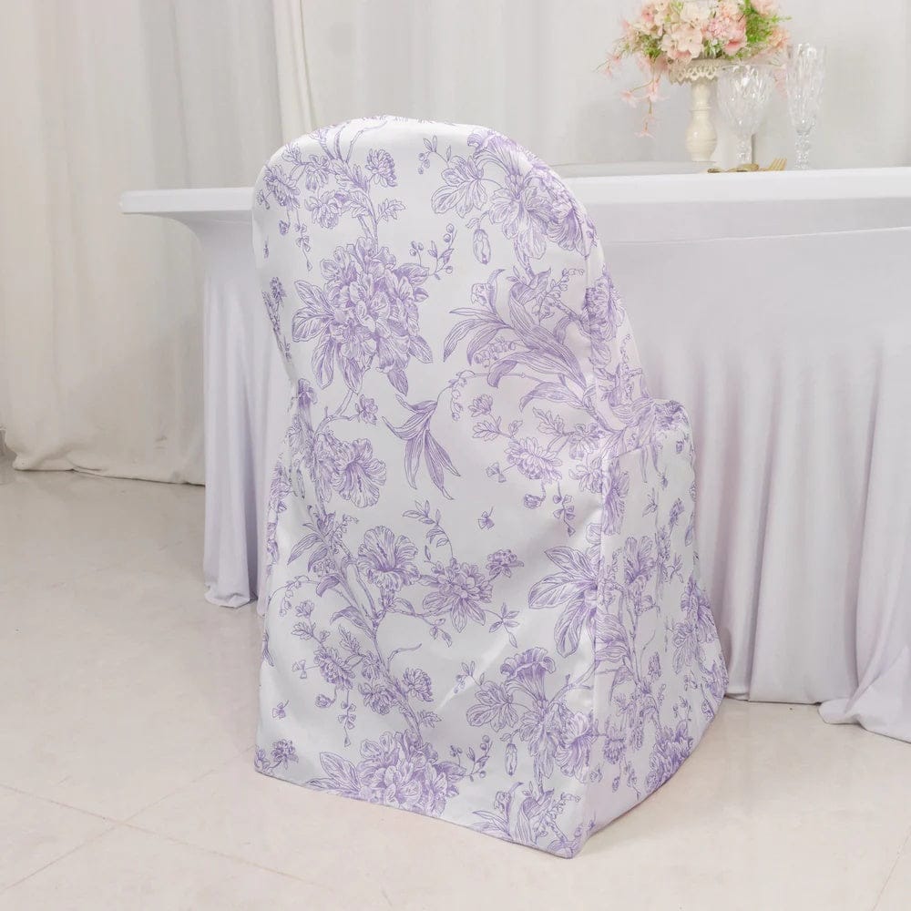 10 White Polyester Folding Chair Covers with French Toile Pattern