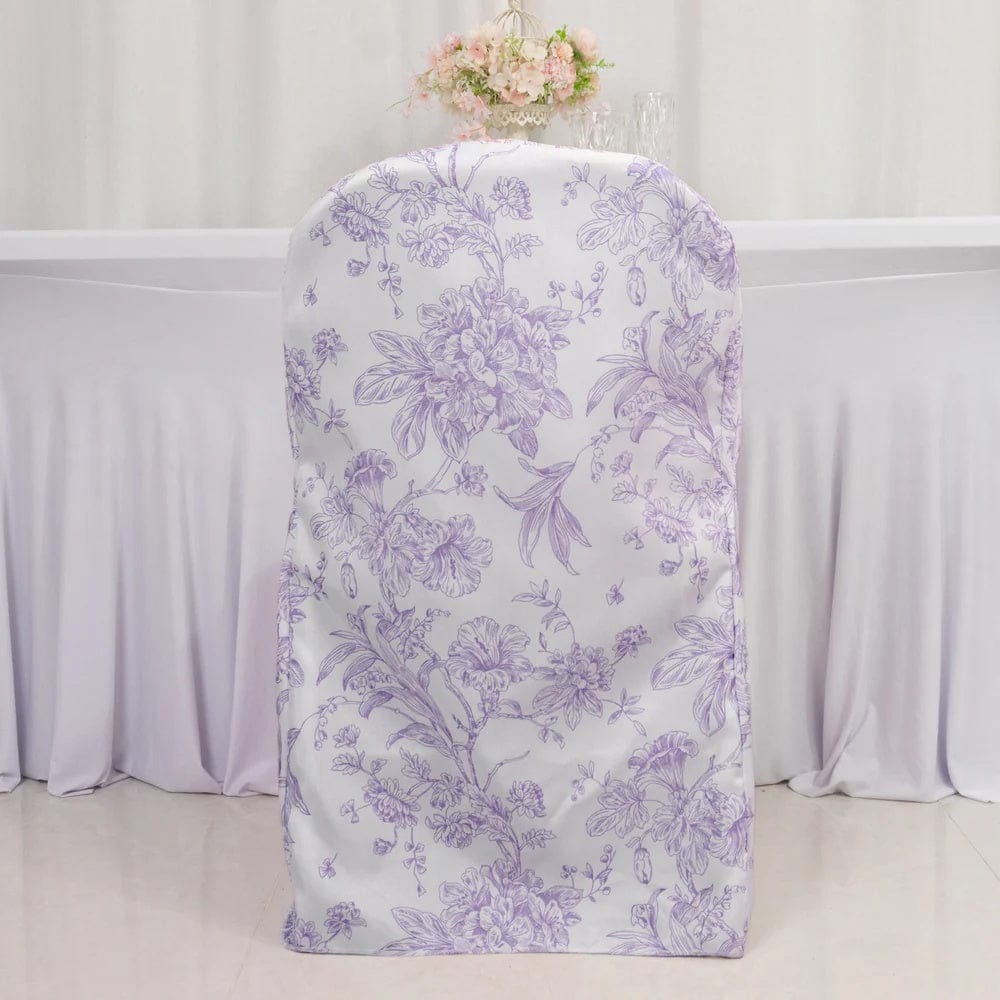 10 White Polyester Folding Chair Covers with French Toile Pattern