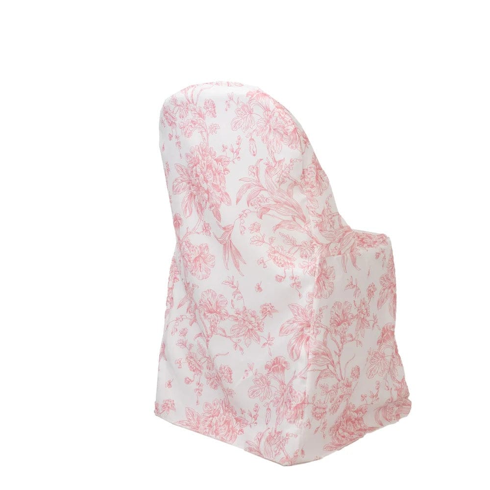 10 White Polyester Folding Chair Covers with French Toile Pattern