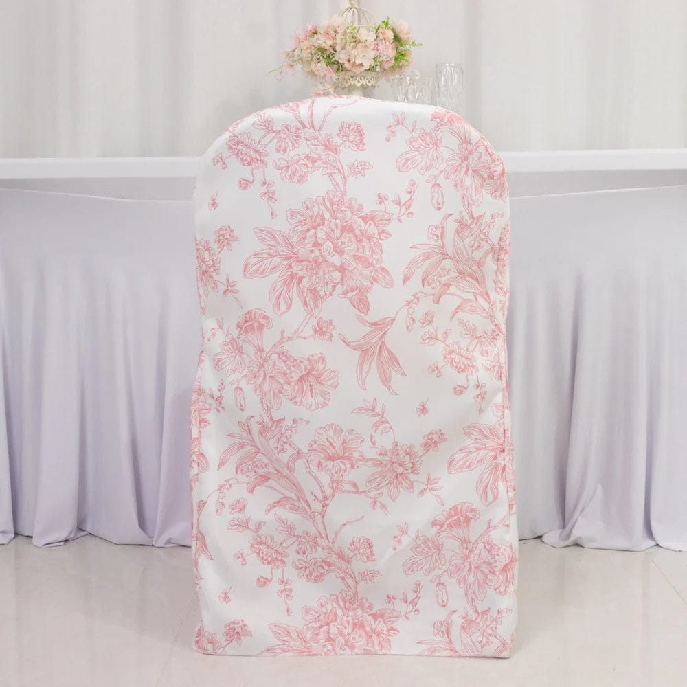 10 White Polyester Folding Chair Covers with French Toile Pattern