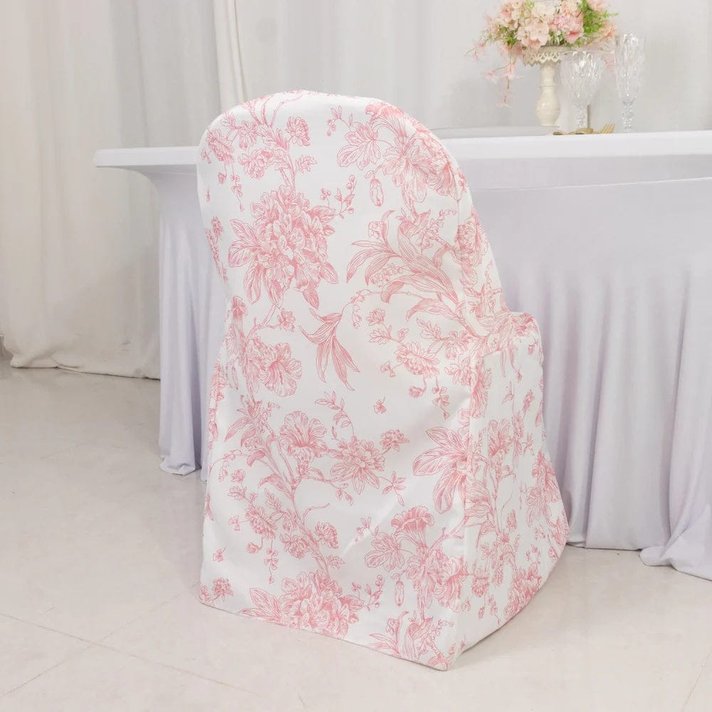 10 White Polyester Folding Chair Covers with French Toile Pattern
