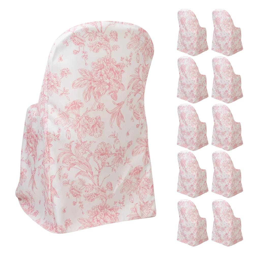 10 White Polyester Folding Chair Covers with French Toile Pattern