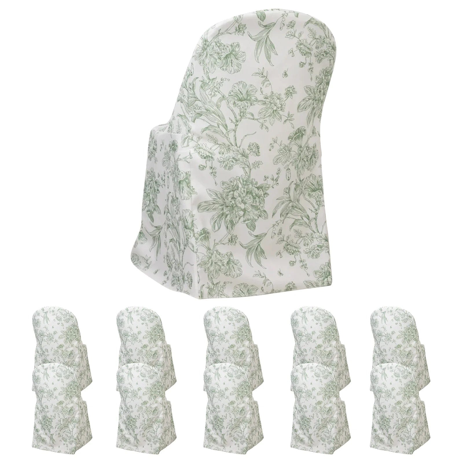 10 White Polyester Folding Chair Covers with French Toile Pattern