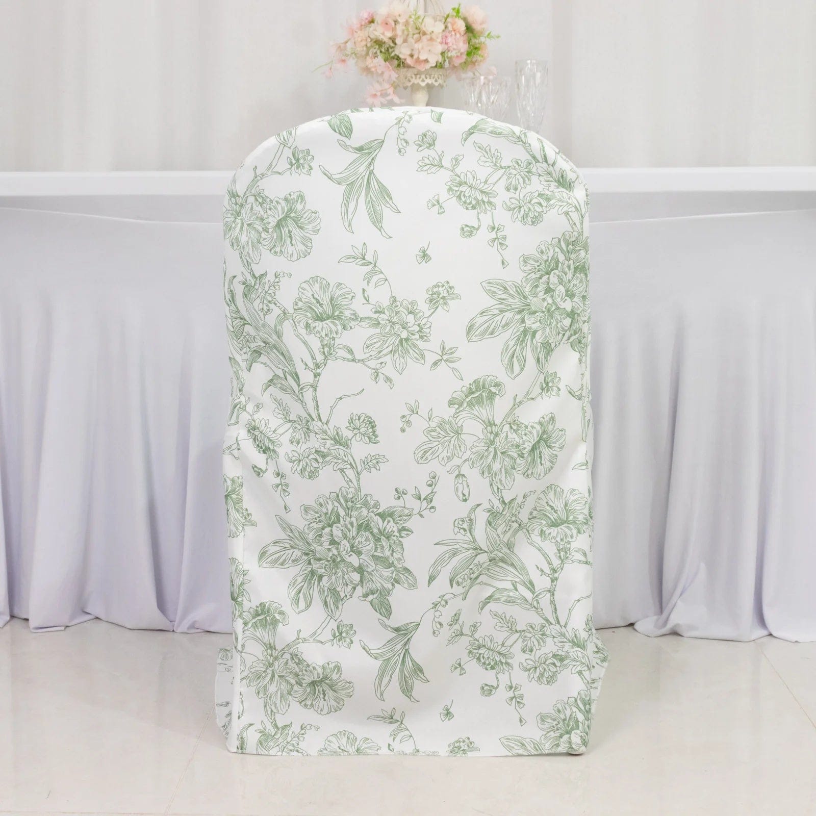 10 White Polyester Folding Chair Covers with French Toile Pattern