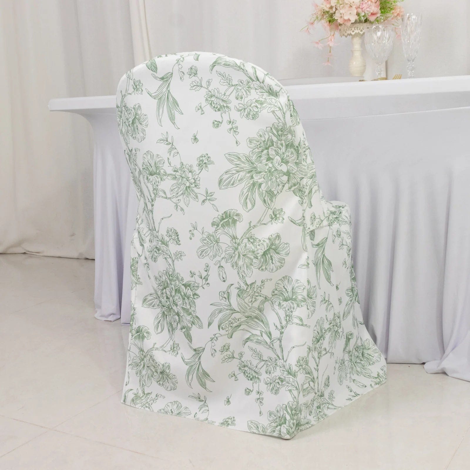 10 White Polyester Folding Chair Covers with French Toile Pattern