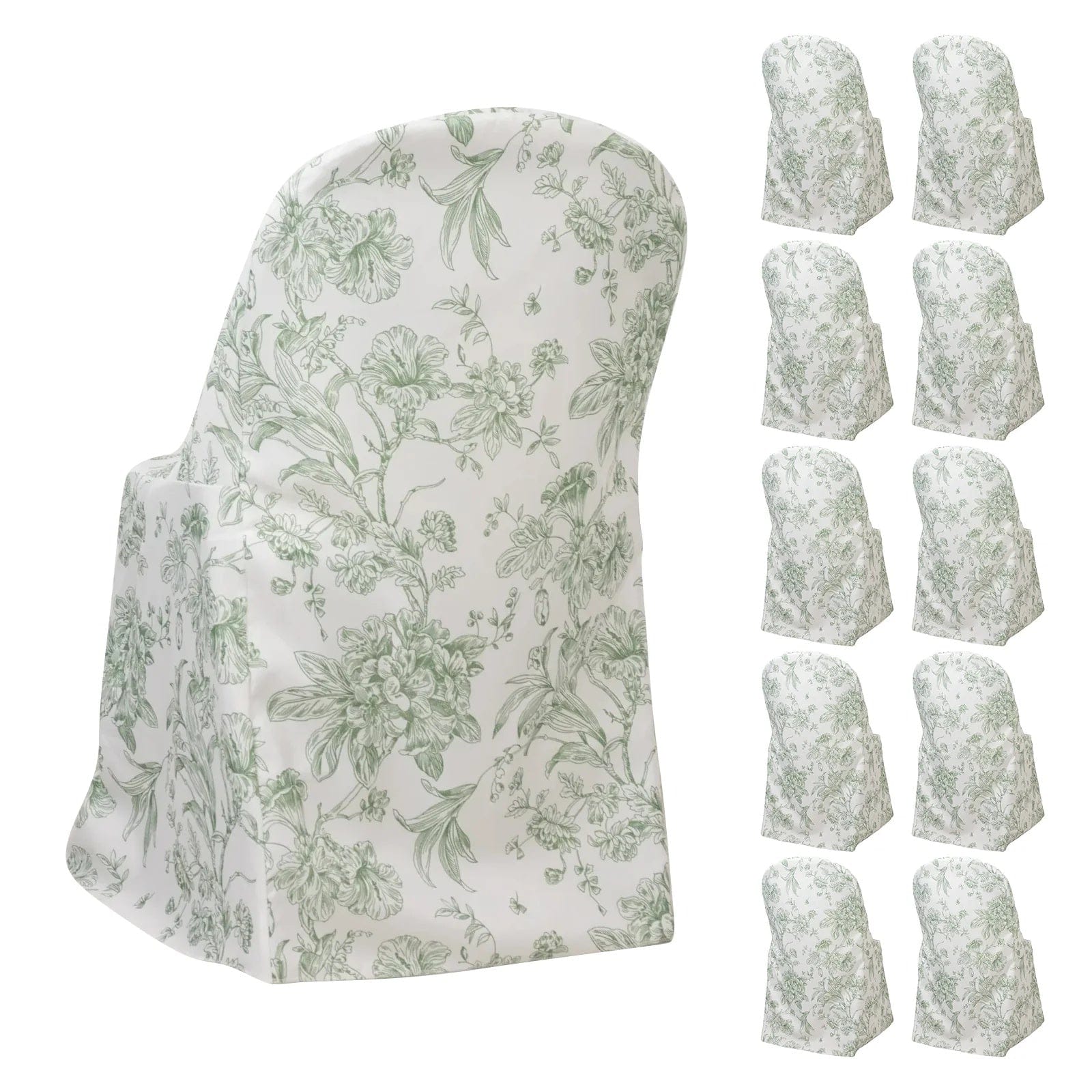 10 White Polyester Folding Chair Covers with French Toile Pattern