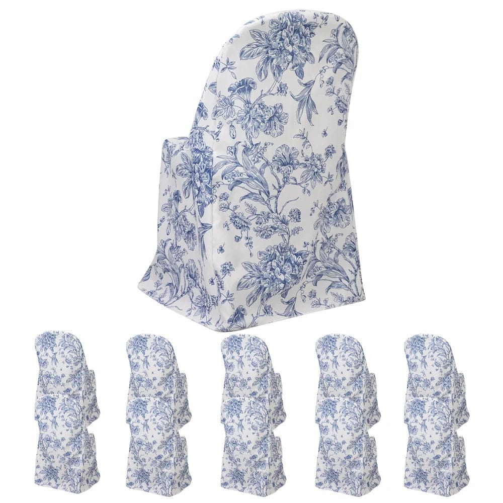 10 White Polyester Folding Chair Covers with French Toile Pattern