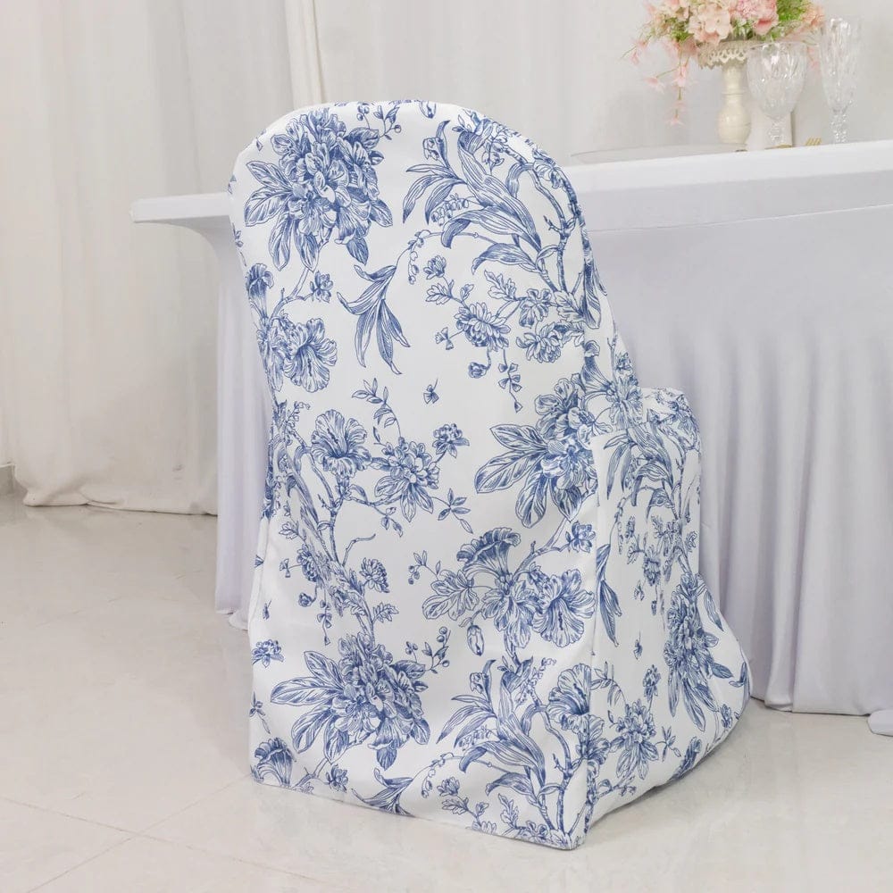 10 White Polyester Folding Chair Covers with French Toile Pattern