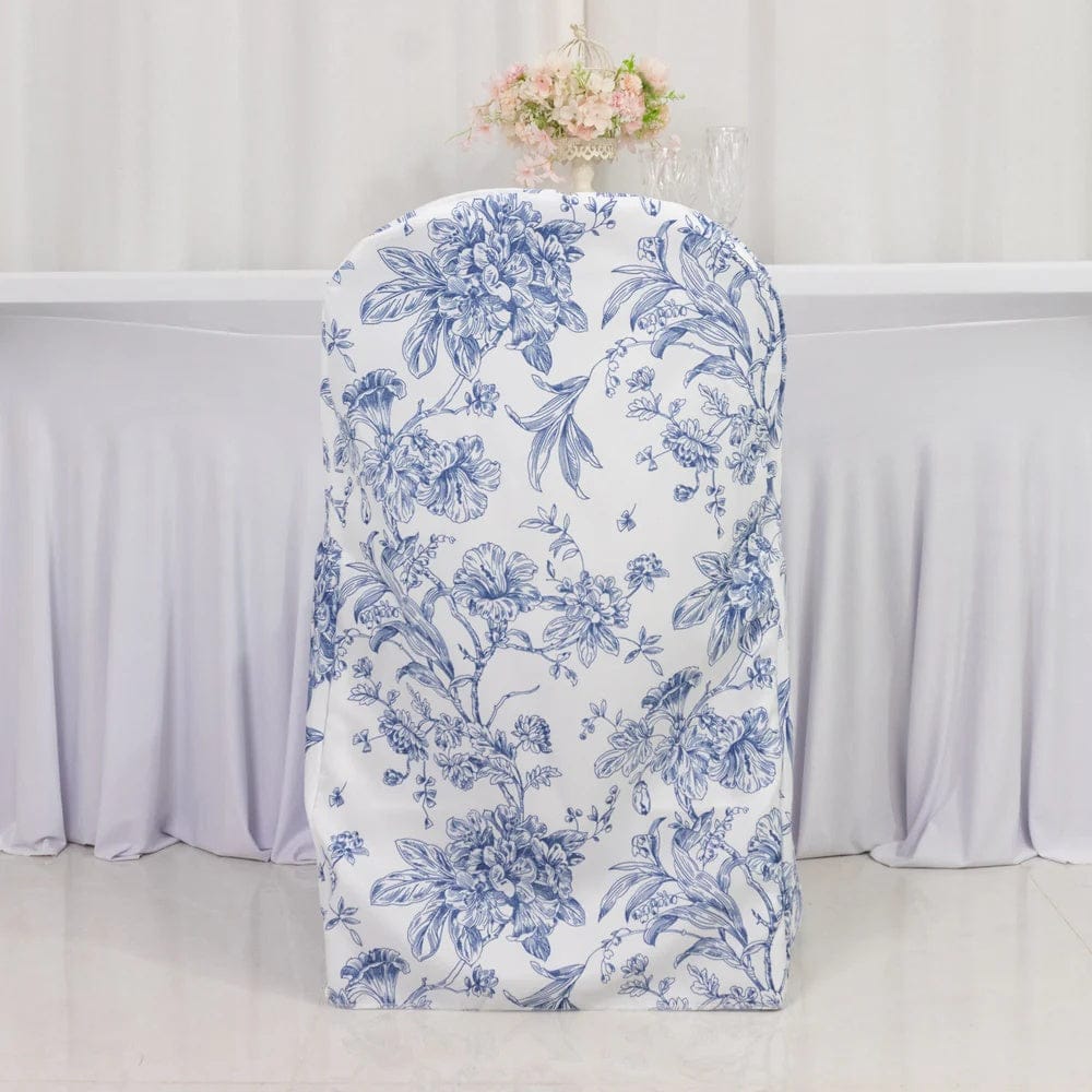 10 White Polyester Folding Chair Covers with French Toile Pattern