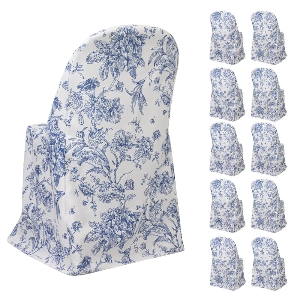 10 White Polyester Folding Chair Covers with French Toile Pattern