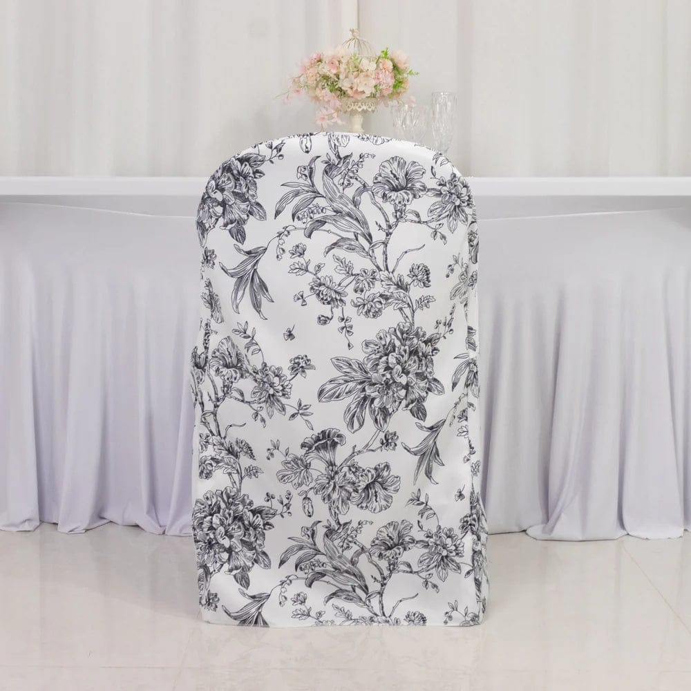 10 White Polyester Folding Chair Covers with French Toile Pattern