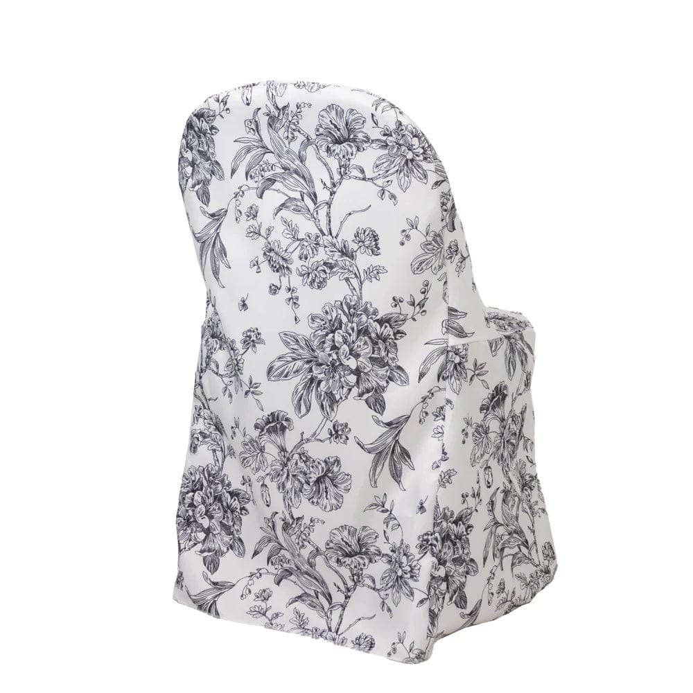 10 White Polyester Folding Chair Covers with French Toile Pattern