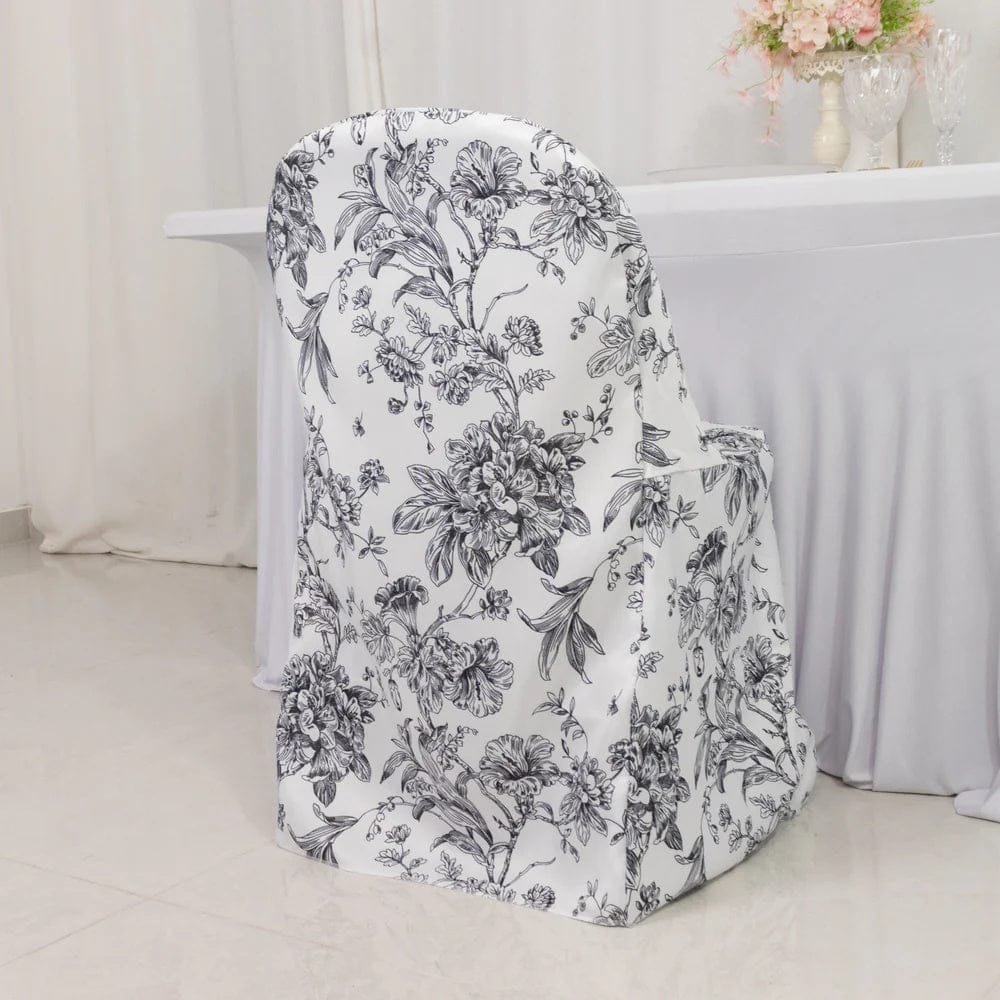 10 White Polyester Folding Chair Covers with French Toile Pattern