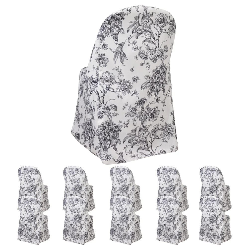 10 White Polyester Folding Chair Covers with French Toile Pattern