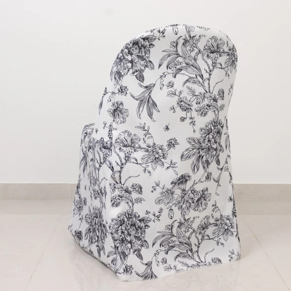 10 White Polyester Folding Chair Covers with French Toile Pattern