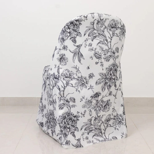 10 White Polyester Folding Chair Covers with French Toile Pattern