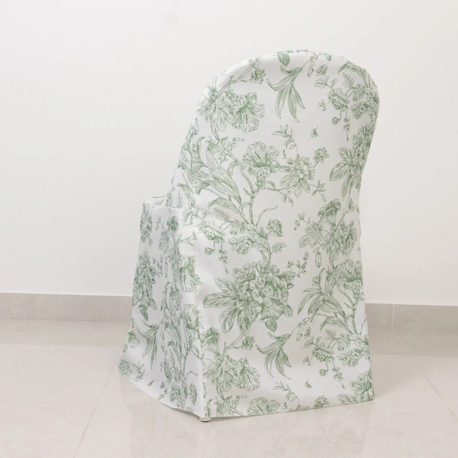 10 White Polyester Folding Chair Covers with French Toile Pattern