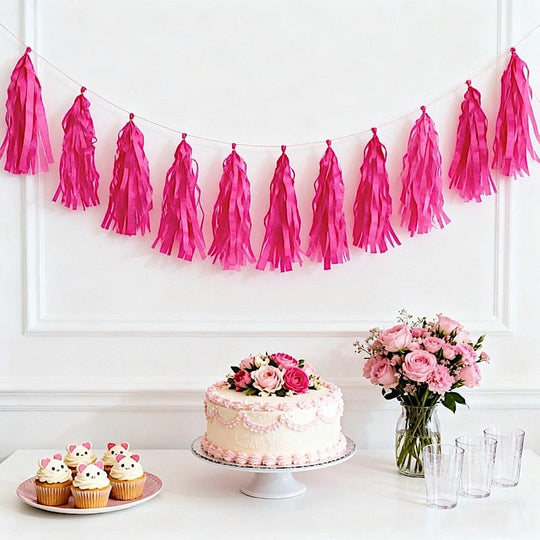 10 Pink Pre-Tied 12 in Tissue Paper Tassels Garland with Hanging String