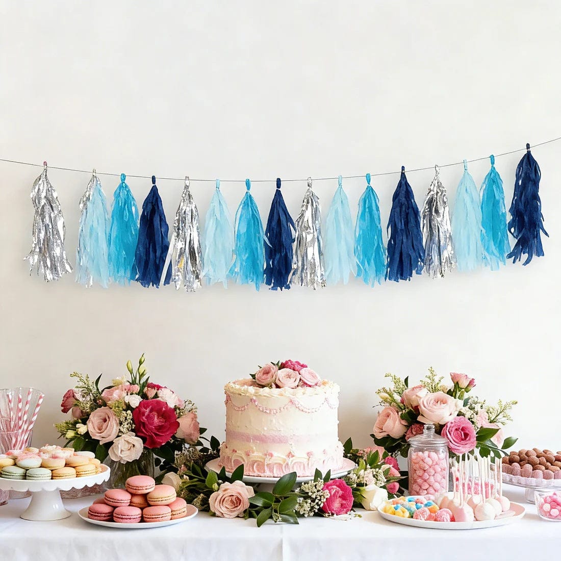 16 Assorted Pre-Tied Foil and Paper Tassels Garland with 10 feet Hanging String