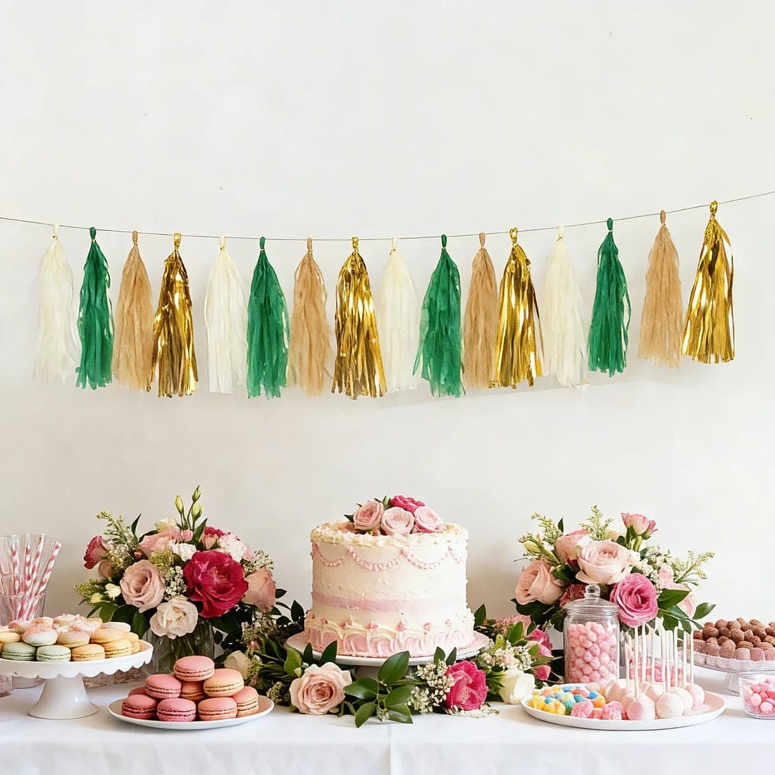 16 Assorted Pre-Tied Foil and Paper Tassels Garland with 10 feet Hanging String