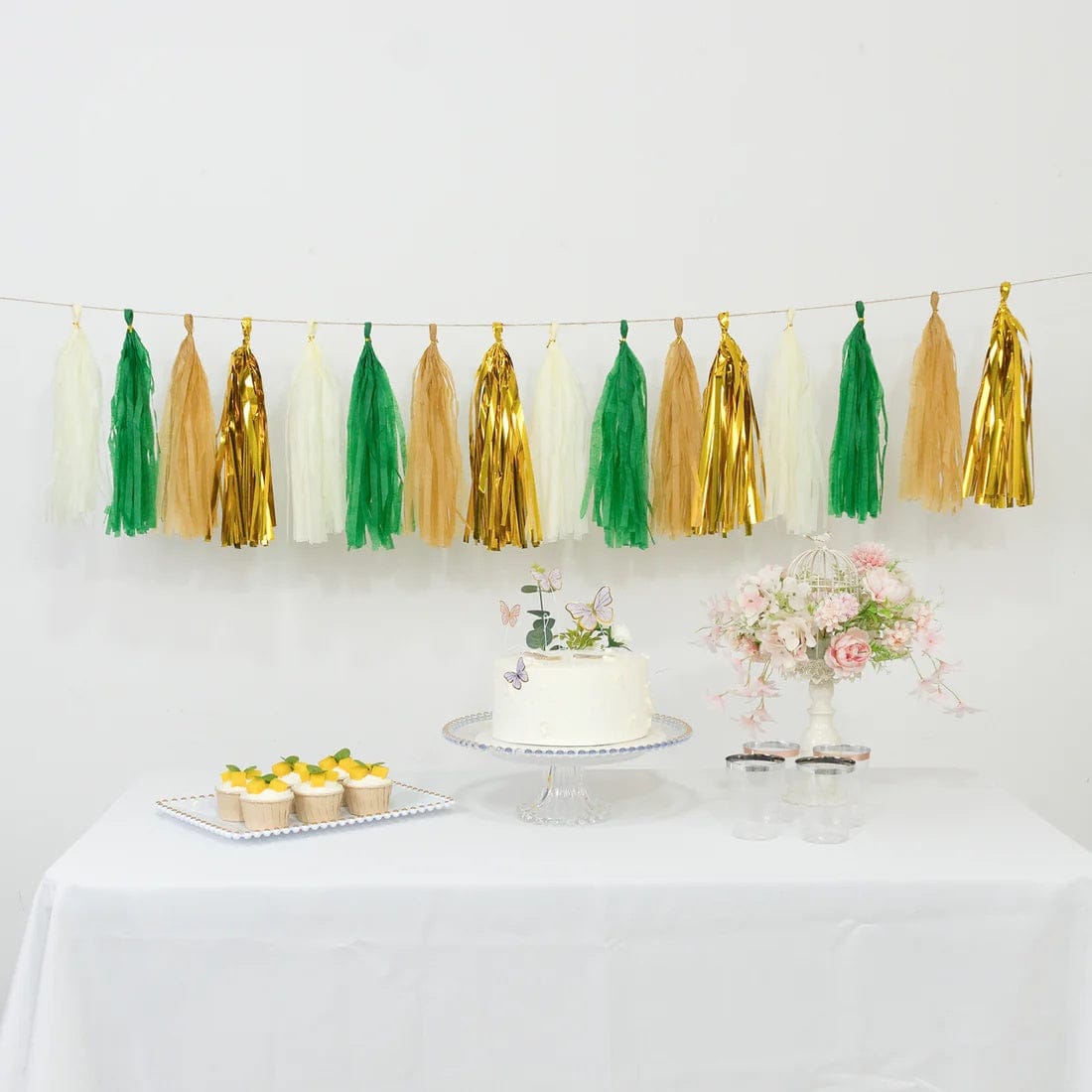 16 Assorted Pre-Tied Foil and Paper Tassels Garland with 10 feet Hanging String