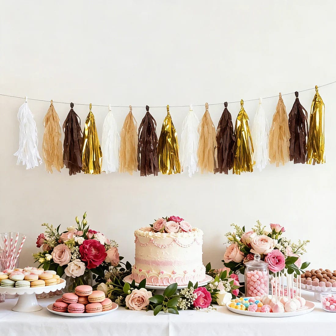 16 Assorted Pre-Tied Foil and Paper Tassels Garland with 10 feet Hanging String