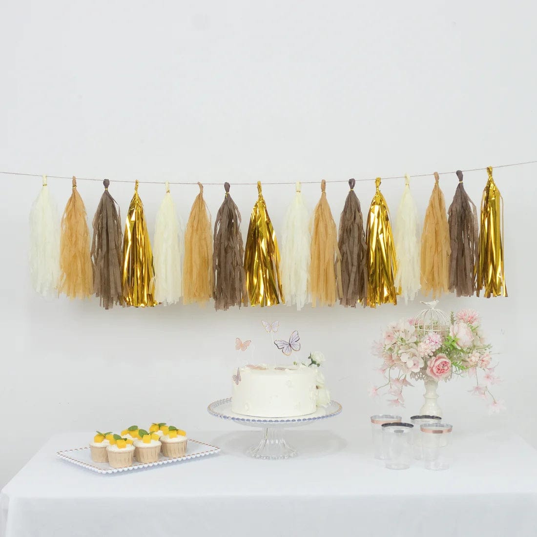 16 Assorted Pre-Tied Foil and Paper Tassels Garland with 10 feet Hanging String