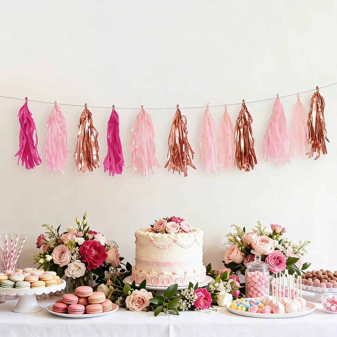 16 Assorted Pre-Tied Foil and Paper Tassels Garland with 10 feet Hanging String